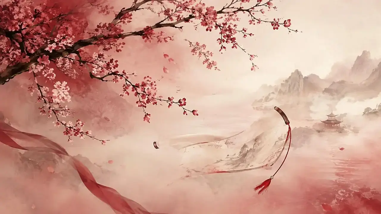 红果短剧 APP 宣传背景：夜色中的国风灯笼与樱花